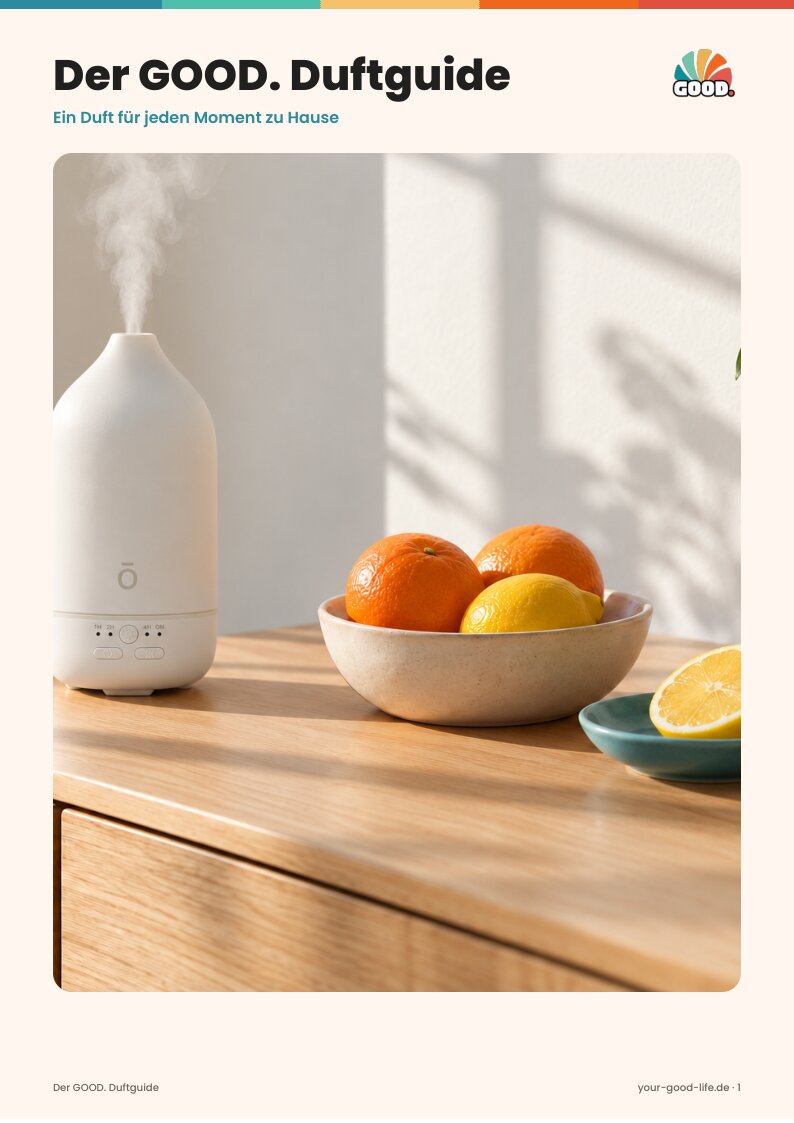 Das Cover des GOOD. Duftguide: ein weißer Diffuser auf einer aufgeräumten Kommode mit Orangen und Zitrone