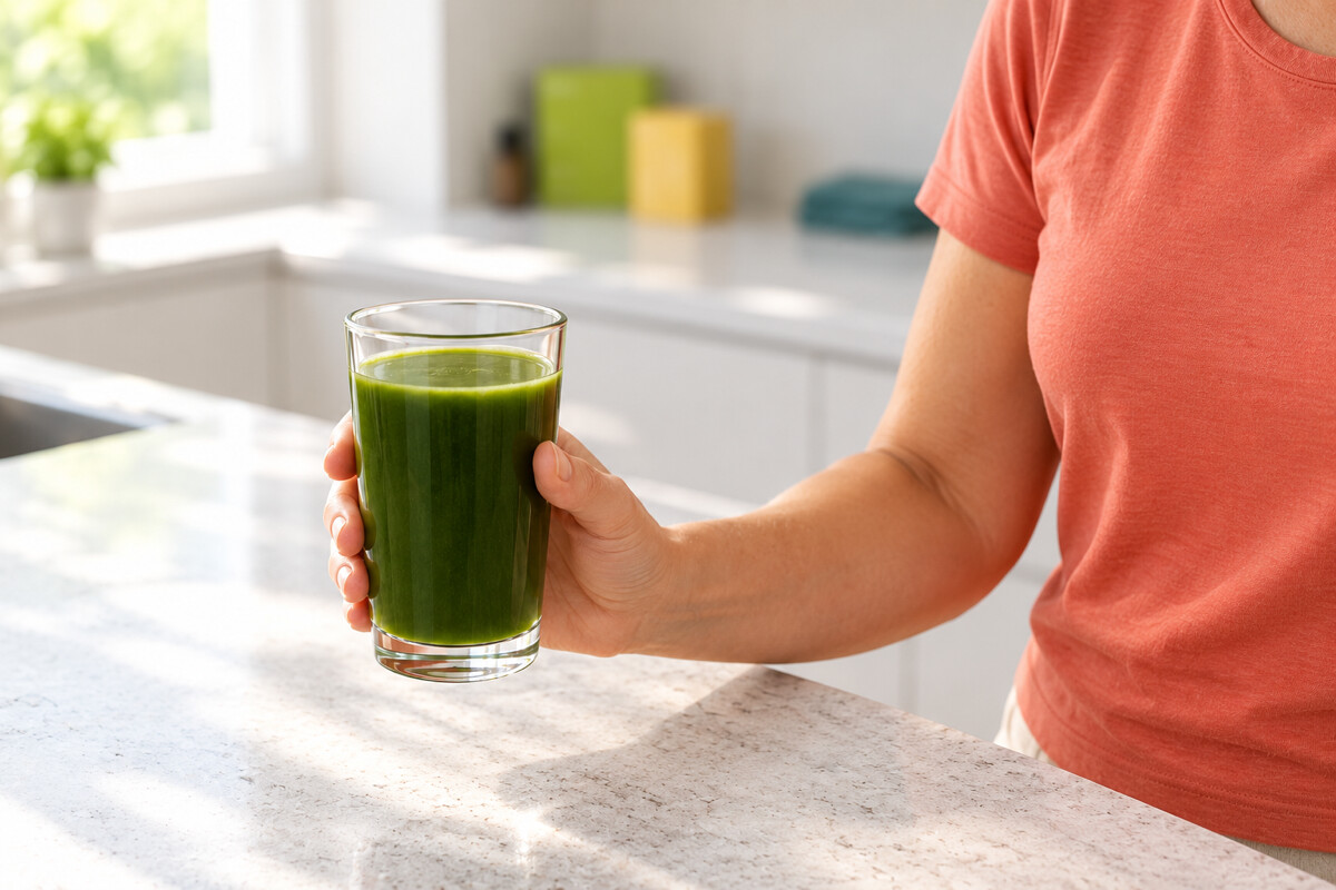 Ein Glas grüner Morgenshake auf der Arbeitsplatte