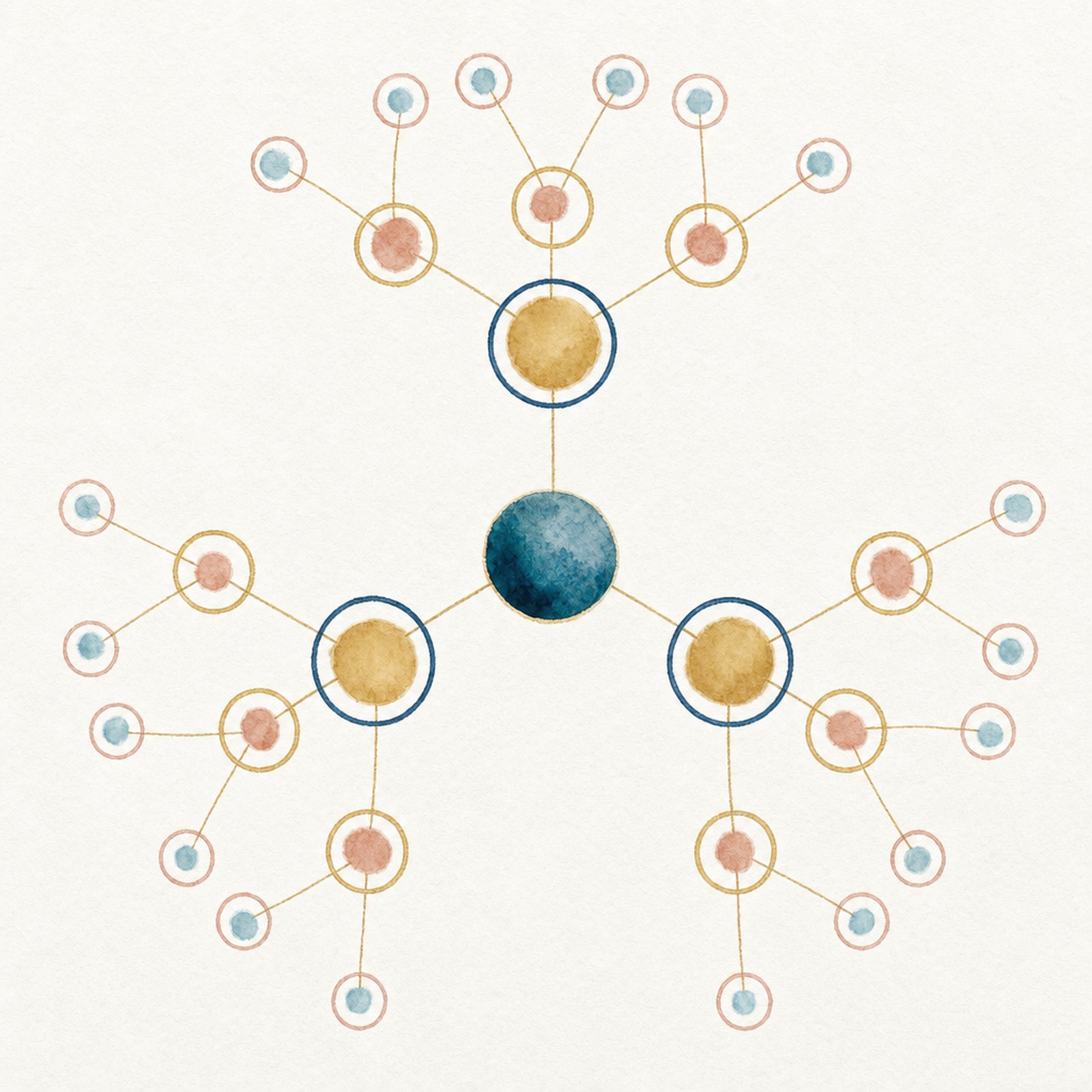 Die Focus Map, die Form: du in der Mitte in Dunkelblau, drei goldene Builder um dich herum mit dunkelblauem Ring, unter jedem von ihnen drei rosafarbene Kreise mit goldenem Ring, und unter diesen neun je zwei türkisfarbene Kreise mit rosafarbenem Ring.