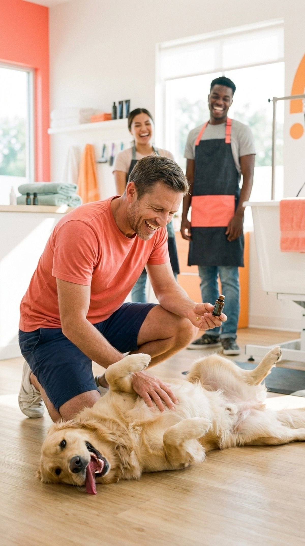 Tom sitzt auf dem Boden des Hundesalons; Hund Max liegt auf dem Rücken für eine Bauchmassage, während Kollegen lachend zusehen.