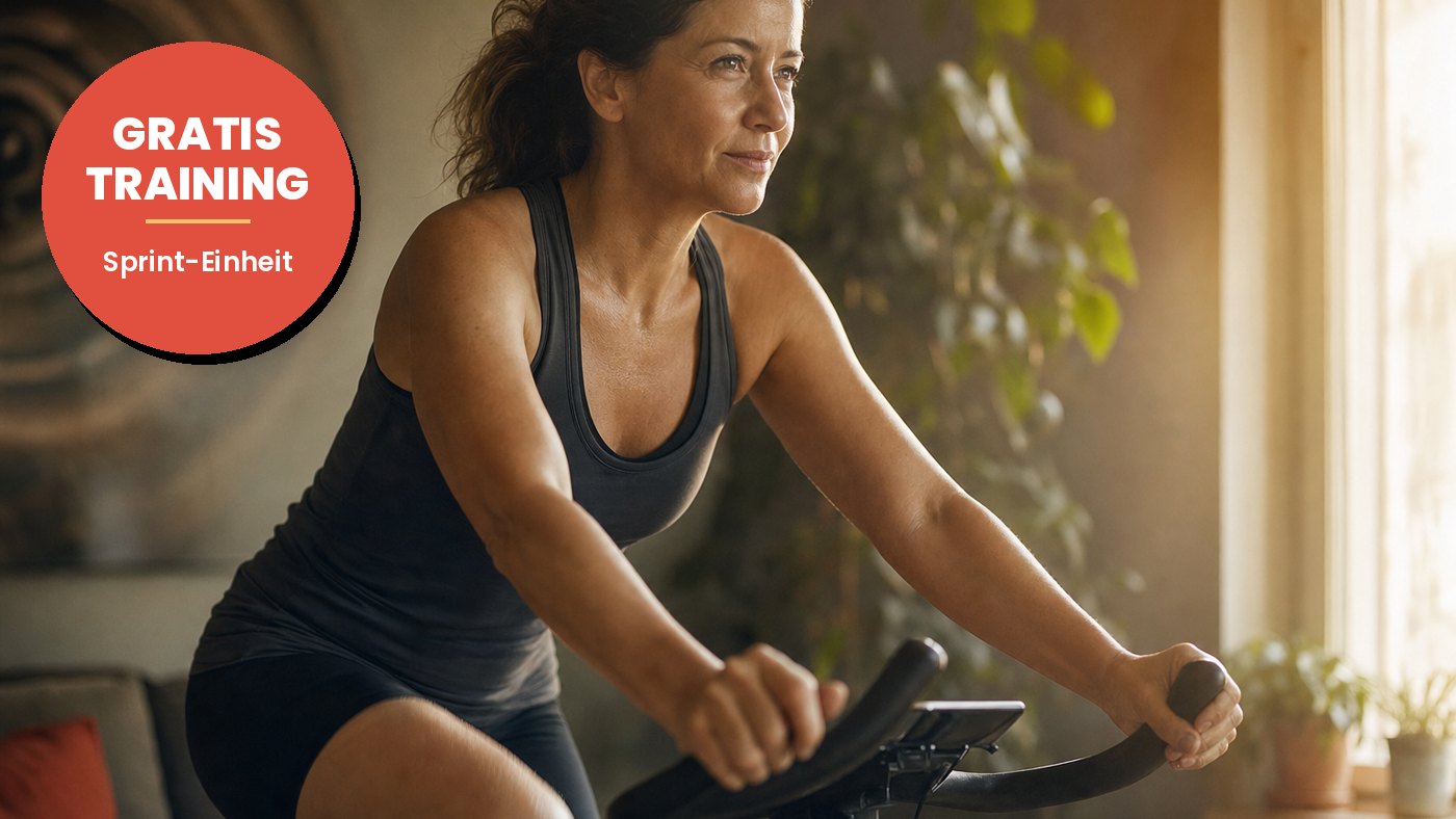 Frau sprintet auf einem Heimtrainer in einem hellen Wohnzimmer